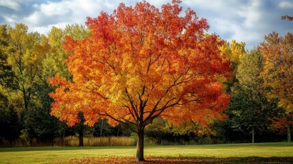 Naklejka premium A deciduous tree in autumn, its leaves a brilliant array of red, orange, and yellow, ready to fall