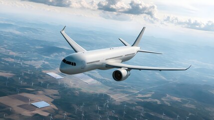 Airplane Flying Over Wind Turbines