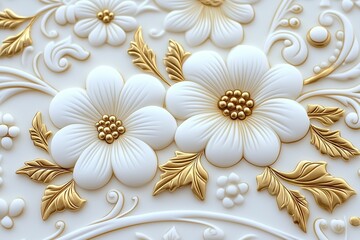 3D White Flowers with Gold Accents Background Wall Art