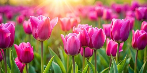 Fototapeta premium A Sunlit Field of Vibrant Pink Tulips in Full Bloom, a Symbol of Spring's Arrival