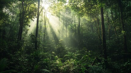 Fototapeta premium A dense forest filled with native trees thriving in their natural habitat, surrounded by wildlife