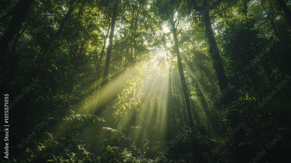 Wall mural A dense forest filled with towering trees, sunlight filtering through the thick canopy