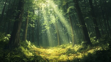 Fototapeta premium A dense forest filled with towering trees, sunlight filtering through the thick canopy
