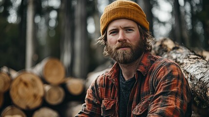 A Man in a Red Flannel Shirt Leans Against a Log in a Forest