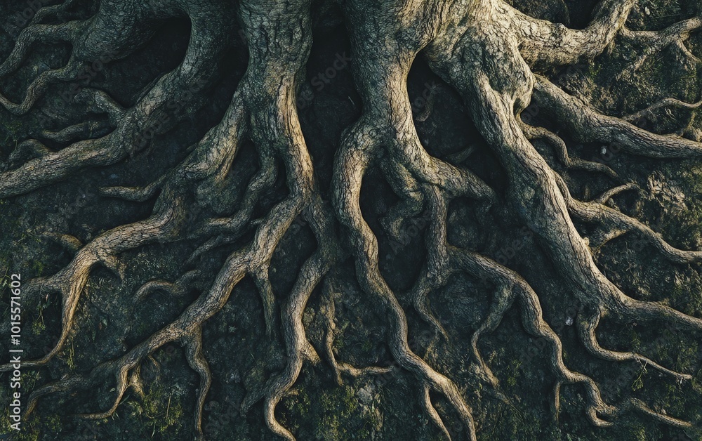 Poster a detailed view of root system, showcasing the complex network beneath the surface