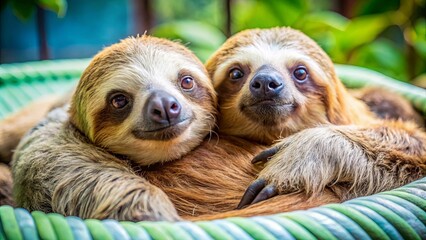 Naklejka premium A pair of sloths snuggle close together, their soft fur contrasting against the vibrant green background, exuding an aura of warmth and contentment.