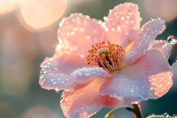 Fototapeta premium A dew-covered flower in the early morning light, with droplets shimmering on the petals