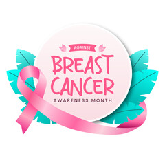 Breast cancer awareness month emblem with pink ribbon symbol