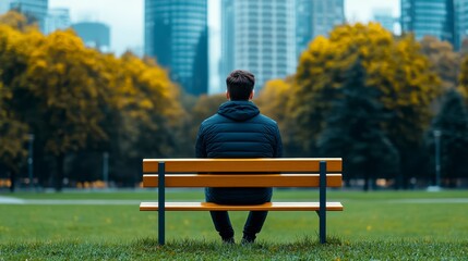 A person sitting on a bench in a park, gazing at a city skyline amidst autumn trees.