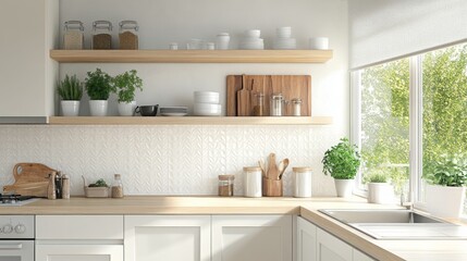 A bright kitchen features wooden shelves adorned with potted plants and neatly arranged kitchenware, capturing a clean and minimalistic design
