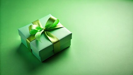 Obraz premium Gift box with green bow on colorful background tilted angle
