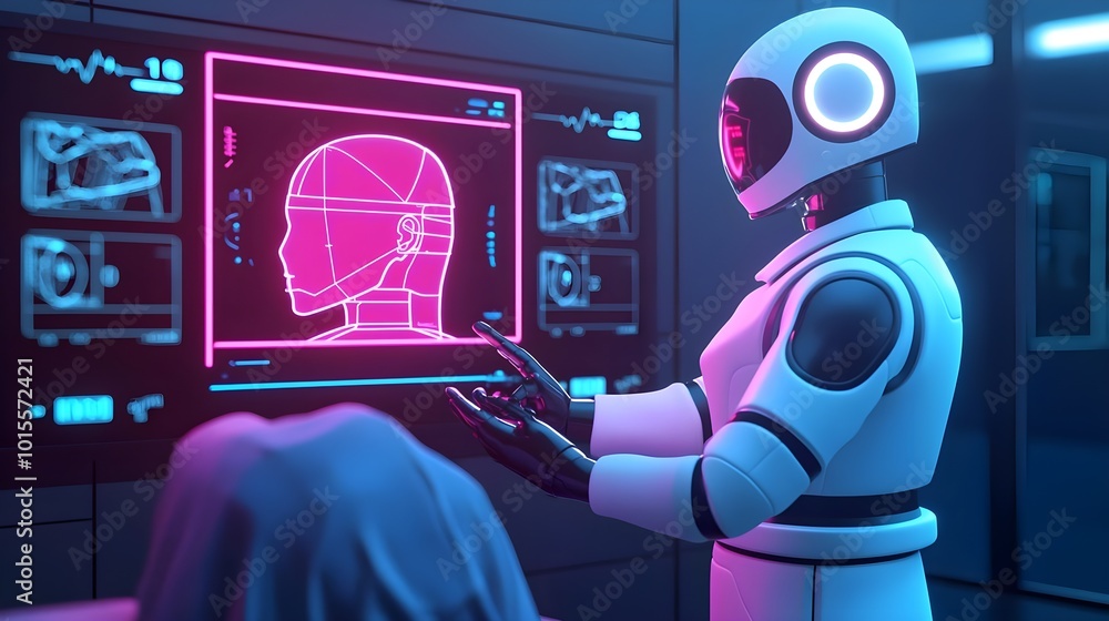 Poster futuristic robot examining data