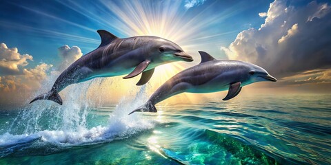 Fototapeta premium Two dolphins leap through the air, their sleek bodies illuminated by the golden rays of the setting sun, leaving behind a trail of shimmering spray as they dance across the azure waves.