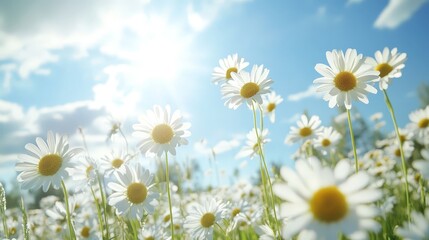 Fototapeta premium A field of daisies swaying in the wind under a bright, sunny sky