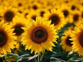A field of sunflowers stretching as far as the eye can see, all facing the sun