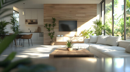 Obraz premium Modern Living Room Interior Design with White Sofa and Wooden Accents - 3D Illustration