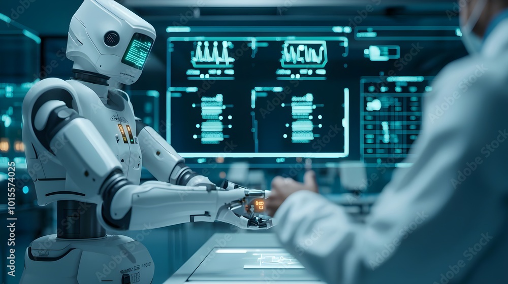 Poster robot and scientist in lab