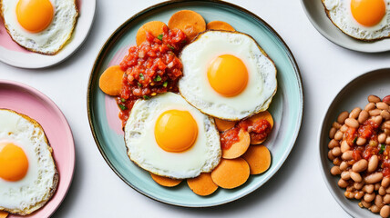 Breakfast Huevos Rancheros with sunnysideup eggs, chunky tomatochili salsa, and creamy refried beans, arranged on a colorful ceramic plate, Mexican Breakfast Dish, Hearty and Spicy