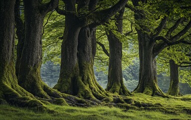 A group of ancient trees in a serene forest, their trunks thick and covered in moss