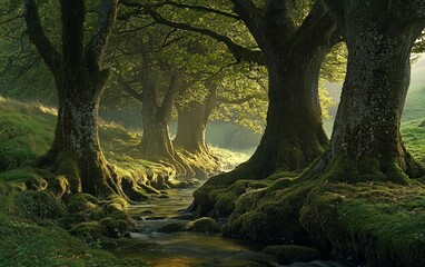 A group of ancient trees in a serene forest, their trunks thick and covered in moss