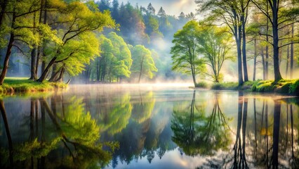 Fototapeta premium Serene Reflections of Sunlight Filtering Through Misty Trees on a Tranquil River