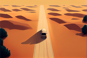Car drives road in desert along sand dunes view from above. Family trip, vacation with friends, hitchhiking concept. Spirit of freedom and independence with automobile in Arizona or Africa landscape