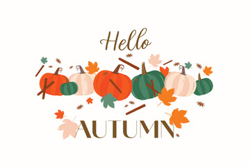 Vector Hello Autumn calligraphy design with autumn border of yellow dry leaves, pumpkins, cinnamon, vanilla hot drink decorated cups. Fall season greeting card isolated design on light background.