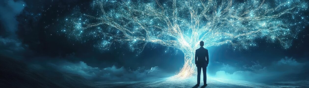 A surreal scene of a person standing before a glowing tree, symbolizing growth and connection in a mystical landscape.