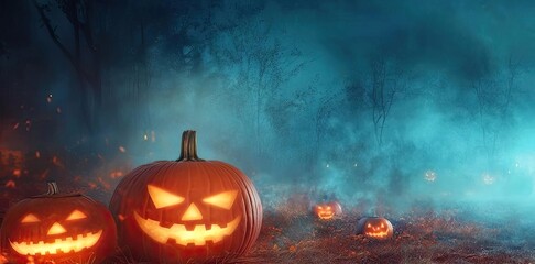 Naklejka premium A spooky Halloween scene featuring glowing jack-o'-lanterns surrounded by fog and eerie shadows in a dark forest.
