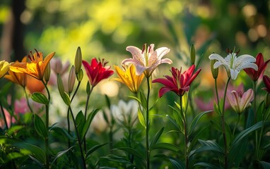 Obraz premium A group of lilies standing tall in a lush garden, their bright colors catching the eye