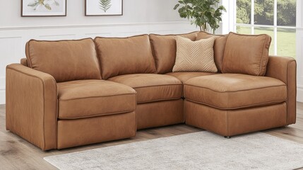 A leather sectional sofa set in a stylish loft, complete with industrial decor elements, wooden floors, and large windows letting in natural light. --chaos 70