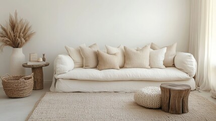A stylish living area showcases a plush, oversized sofa adorned with multiple beige and cream cushions