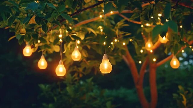 Outdoor string lights hanging on garden tree at night, illuminating the space with festive glow