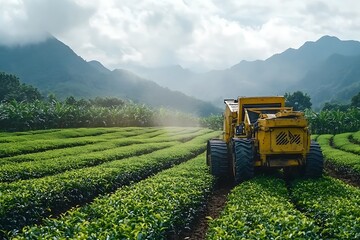 Naklejka premium Yellow Tea Harvesting Machine in a Lush Green Field
