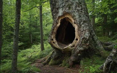 A hollow tree standing in the forest, its opening large enough for a small animal to nest inside
