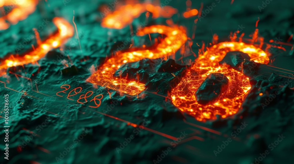 Poster A close-up of glowing fiery digits 2026 with a circuit-like design, blending futuristic and fiery elements in a highly detailed, tech-driven concept. Perfect for tech and futuristic themes.