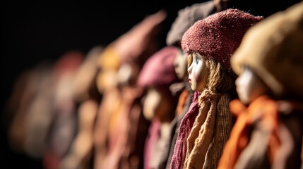 A unique lineup of vintage witch dolls features intricate hand-stitched clothing and expressive faces, illuminated softly to highlight their eerie charm, ideal for Halloween