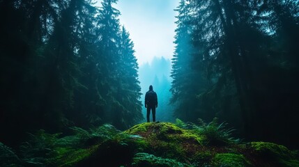 Obraz premium A solitary figure stands amidst a misty forest, evoking a sense of mystery and tranquility.