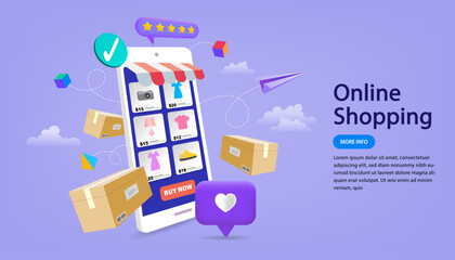 Online shopping and e-commerce concept. A smartphone as a digital store with fashion products, with delivery boxes and like icons representing a successful purchase, shipping, customer satisfaction. © 365 days studio