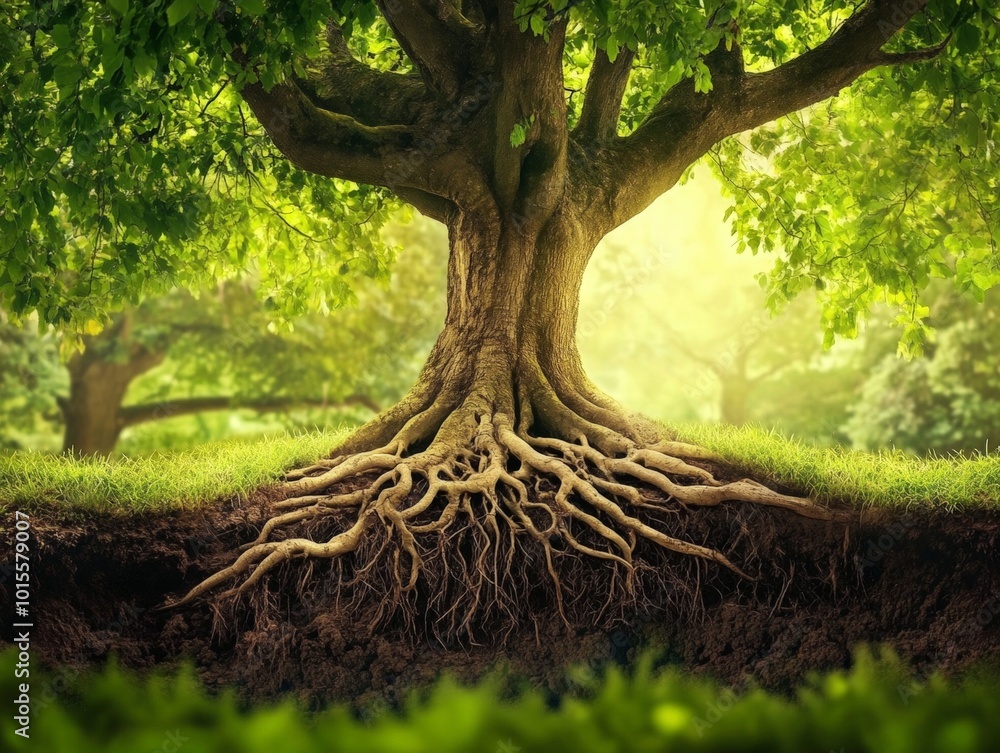 Poster a large tree with roots visible above ground, intertwining with the earth and other trees