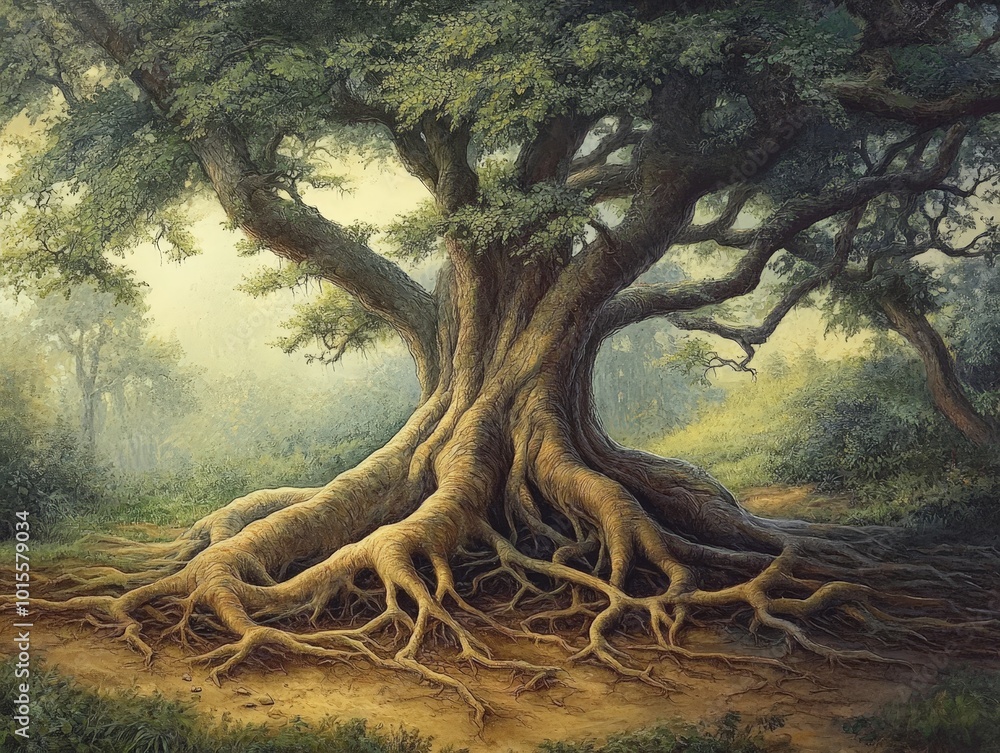 Poster a large tree with roots visible above ground, intertwining with the earth and other trees