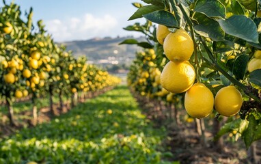 A lemon orchard in the countryside, the trees filled with ripe lemons ready for harvest