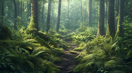 Obraz premium A lush forest scene filled with ferns and moss, creating a peaceful atmosphere