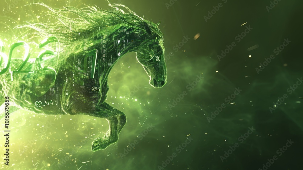 Poster a vibrant green unicorn surrounded by digital code and glowing numbers gallops through a tech-inspir