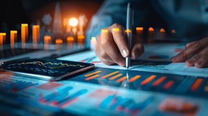 Fototapeta premium Stock market analysis, business, finance and investment. Finance analyst analyzing stock market trading graph, economic growth chart, planning and strategy, business investment with financial report