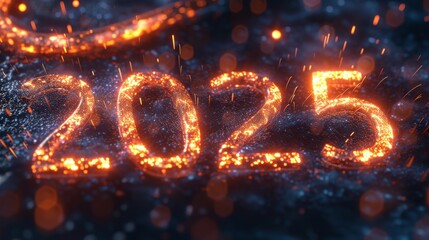 The year 2025 is ablaze in glowing orange flames, with sparks flying against a dark, textured surface. The dynamic fire and contrasting background create a bold, intense visual suitable for New Year