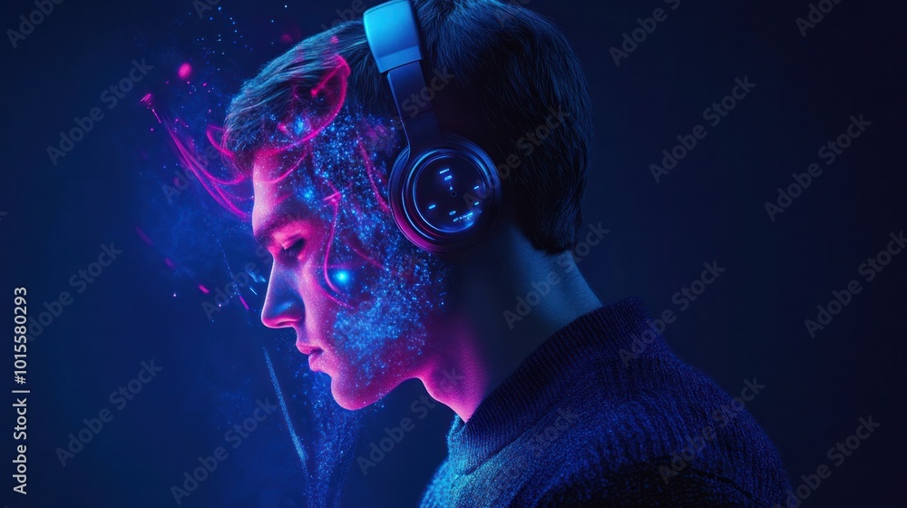 Aufkleber headphones and ai assistant: a young man using mobile devices to interact with a holographic virtual