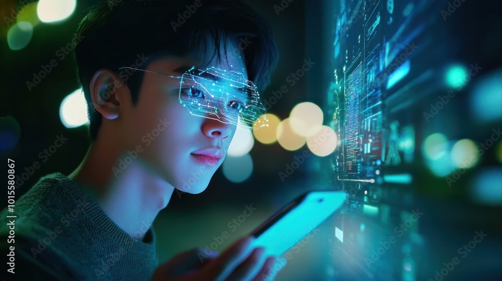 Poster holographic ai assistant interface on a phone, helping a young man with real-time tasks through voic