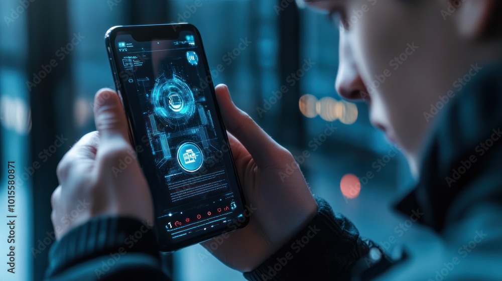 Poster holographic ai assistant interface on a phone, helping a young man with real-time tasks through voic