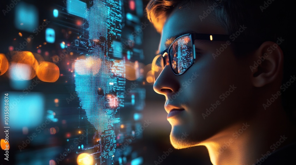 Poster holographic ai assistant interface on a phone, helping a young man with real-time tasks through voic